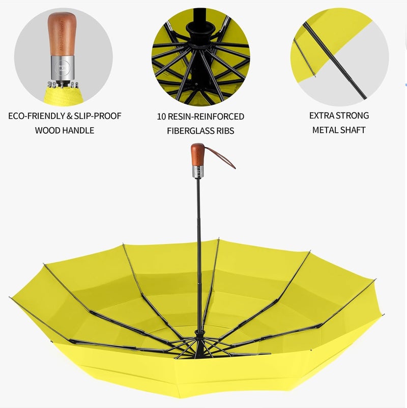 MasterUmbrella 3-Layer Vented Canopy Windproof Commuter Umbrella for Rain, Auto Open/Close, 10 Fiberglass Ribs, Wooden Handle, 13" Folded, 47" Large Coverage for 1–2 People, Lifetime Replacement - Image 5